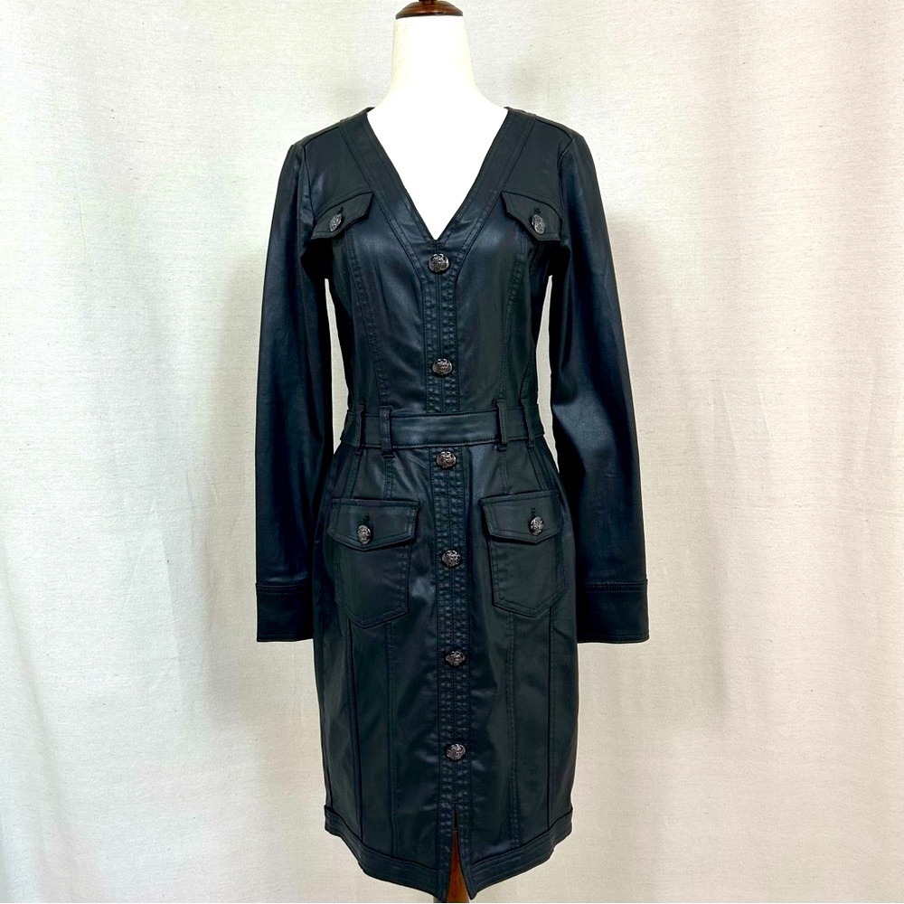 WHBM Women's Black Coated Denim Shirt Dress With Pockets